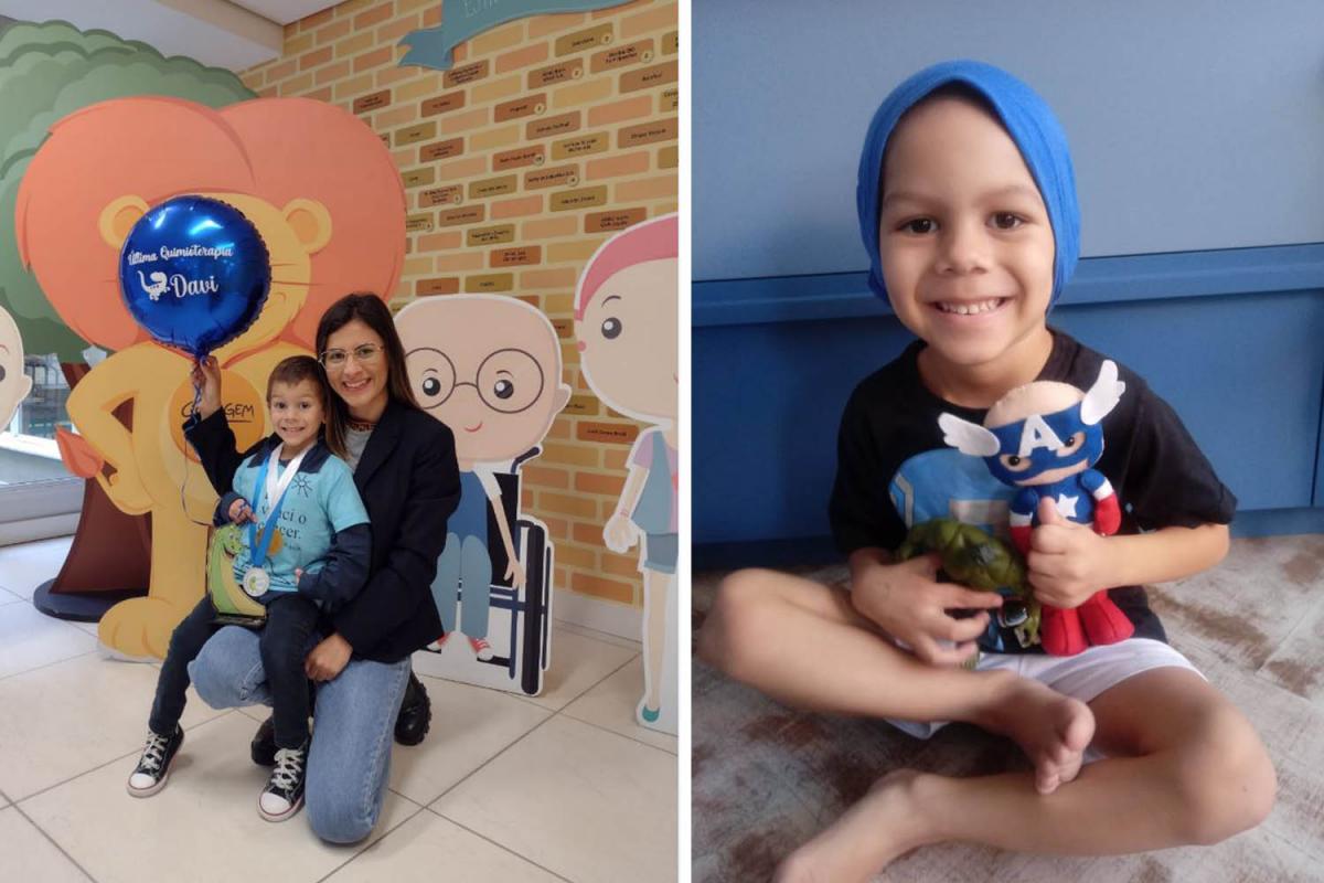 Davi com a mãe Luara no Instituto do Câncer Infantil, em Porto Alegre, e com os bonecos que ganhou do Projeto Carequinhas