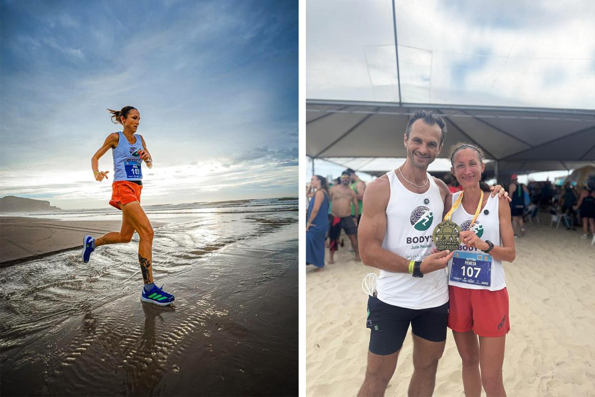 Minéia completou os 84,4 km em 7h33m58 (Foto: Foco Radical). Na outra foto, com a medalha e o treinador Júlio (Foto: Henrique Schumann)