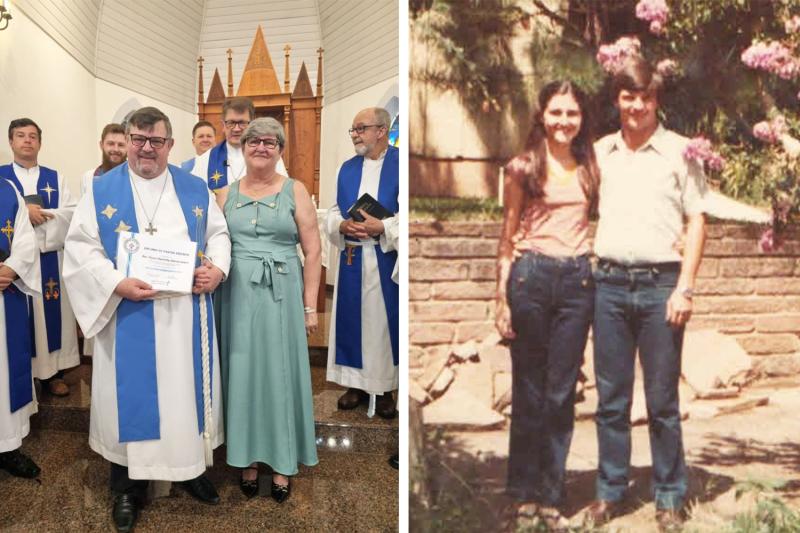 Pastor Oscar com a esposa Rozeli no Culto de Emeritamento, ocorrido em 29 de novembro. Ao lado, o casal na época da chegada a Dois Irmãos