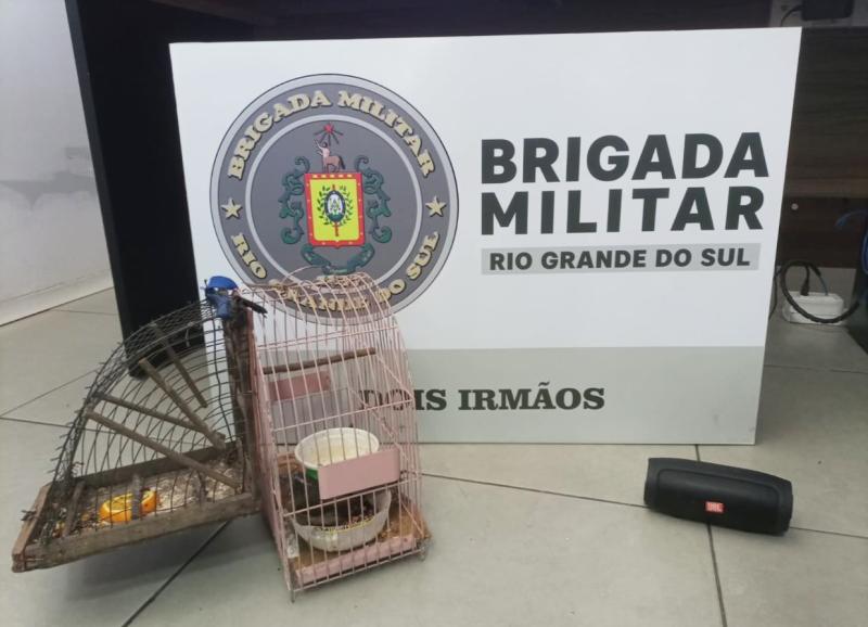 Brigada Militar localiza gaiola com pássaro e caixa de som em matagal