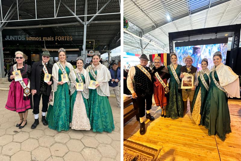 Carmen e Celso Schneider, Rainha e Rei do Kerb, estiveram com as Soberanas Laura Nienow, Maria Cecília Loch e Laura Rübenich Klein na Expointer