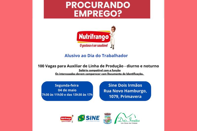Empresa Nutrifrango abre seleção com 100 oportunidades de emprego