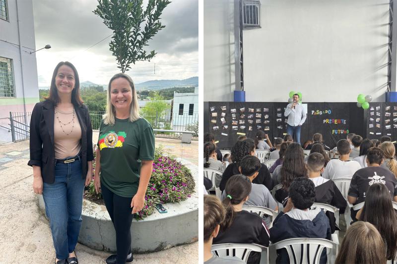 Diretora Andrea Maleski dos Santos e coordenadora pedagógica Karina Rossa / Prefeito Jerri Meneghetti esteve na escola no início da semana