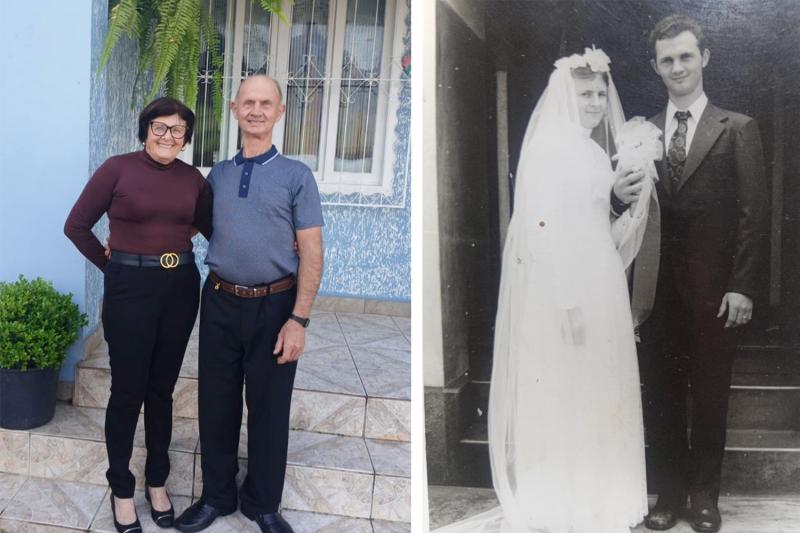 O casal hoje em dia e a foto do casamento